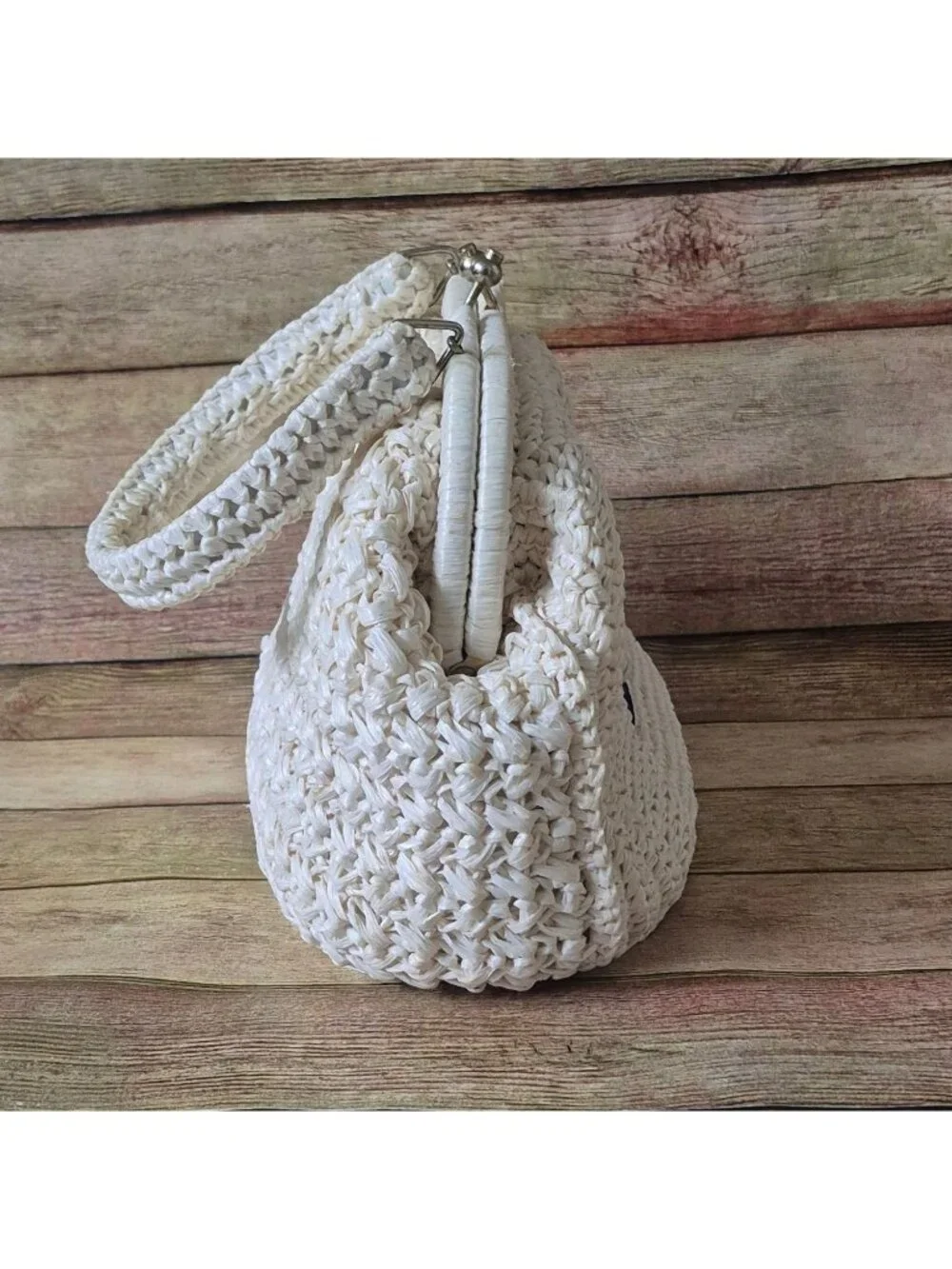 Vtg 60's Woven Raffia Ivory Straw Flower Purse Kiss Lock Closure Made In Japan